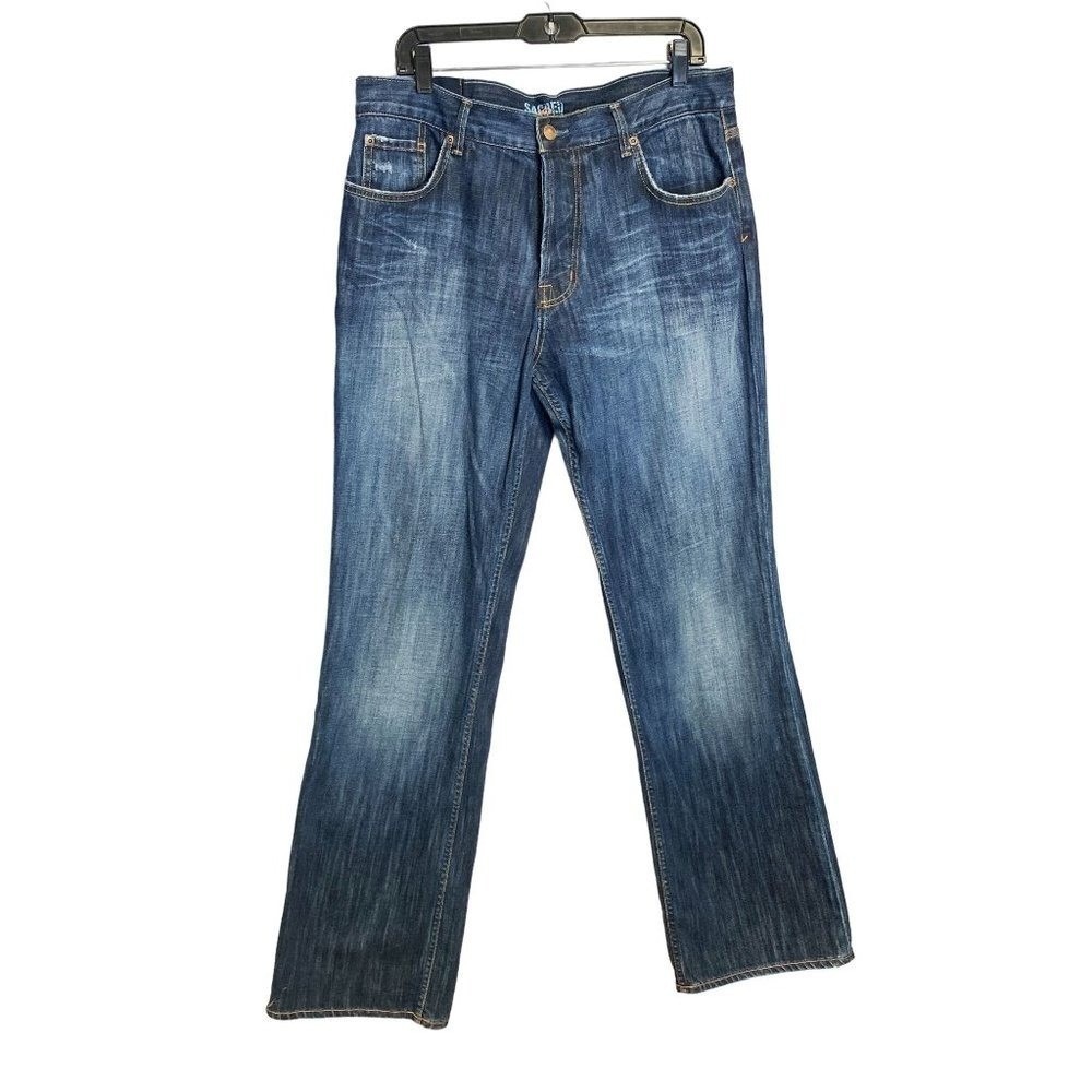 Sacred Blue Men's Button Fly Distressed Straight‎ Leg Denim Jeans Sz 36 Grunge